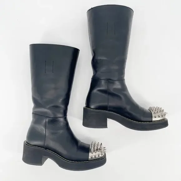 Miu Miu FW 2020 Black Mid Calf Spiked Square Cap Toe Moto Biker